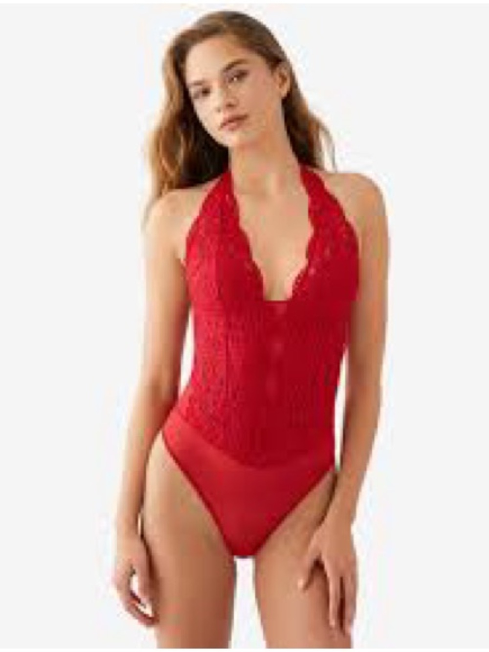Red Lace Halter Bodysuit Chemise with Sheer Panels 👌